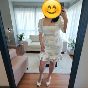 BCBGMaxAzria Ruffled Puff Sleeve Cream Dress Sz 10 - Off White / Tan stripes